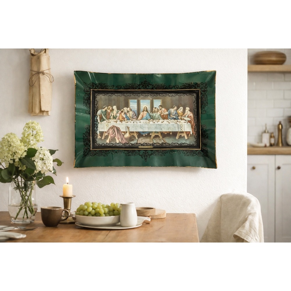 Vintage Last Supper Serving Tray Wall Hanging 19x13 Green Gold MCM Decor‎